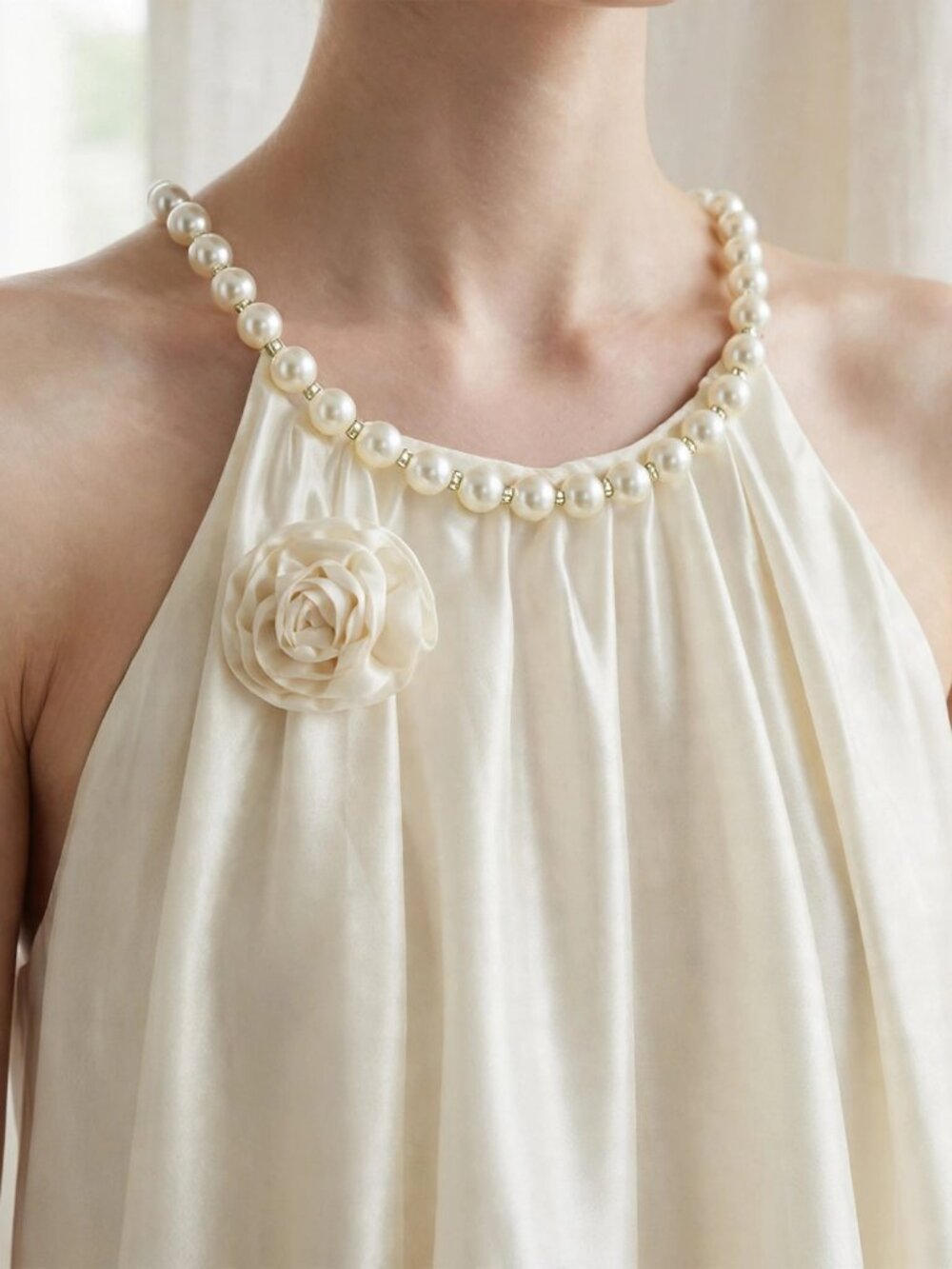Apricot Pearl Halter Top Satin Flower Applique Elegant Summer Blouse